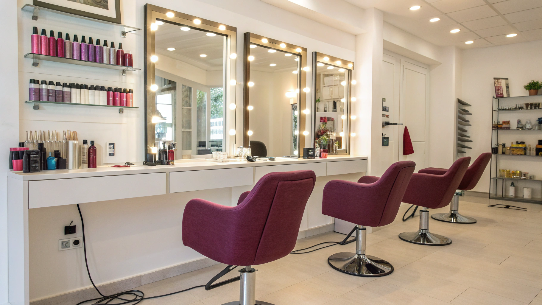 Elegant modern salon interior with premium styling stations and editorial lighting