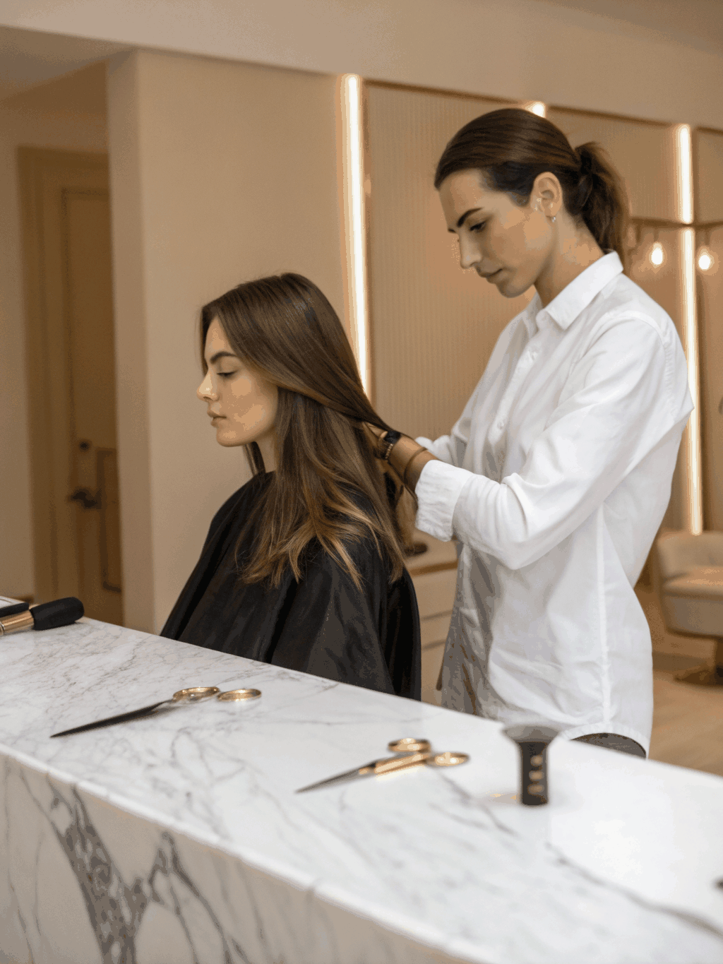 Stylist discussing hair goals with a client