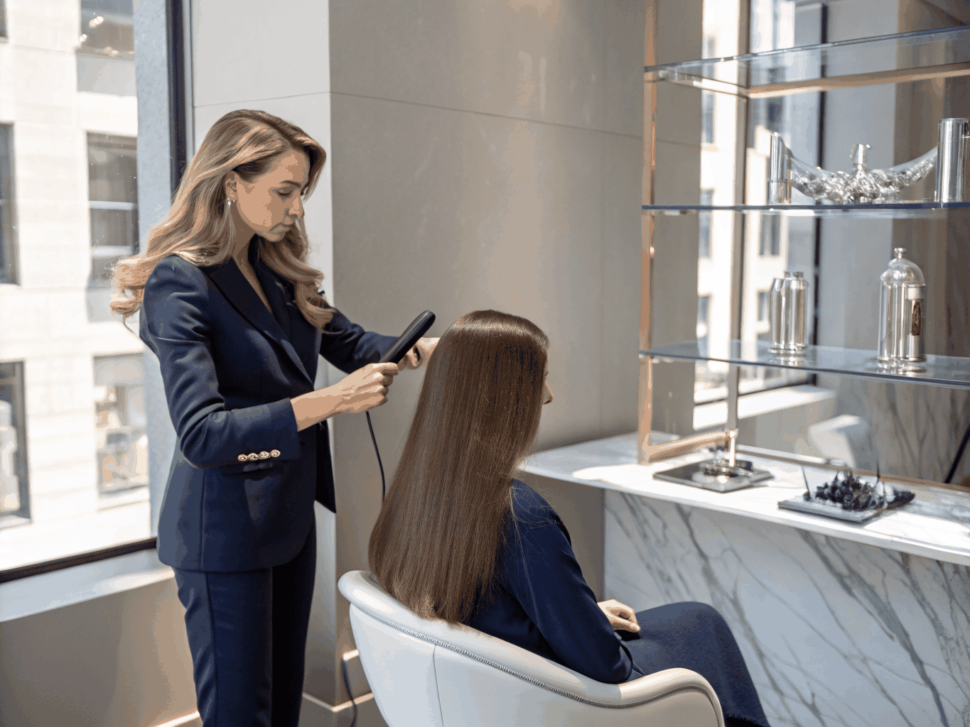 A stylist applying finishing product